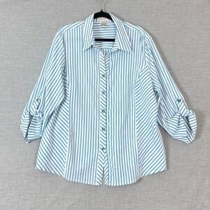 Drapers & Damon Top Womens 2X Button Up Roll Tab Sleeves Striped Blue Textured